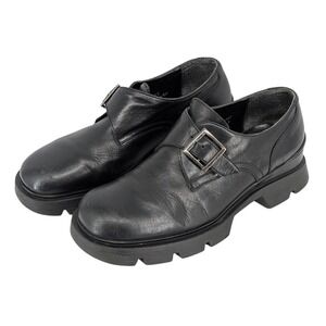 Vintage Bass 8.5M Black Leather Buckle Chunky Lug Sole Loafers Shoes Y2K Grunge